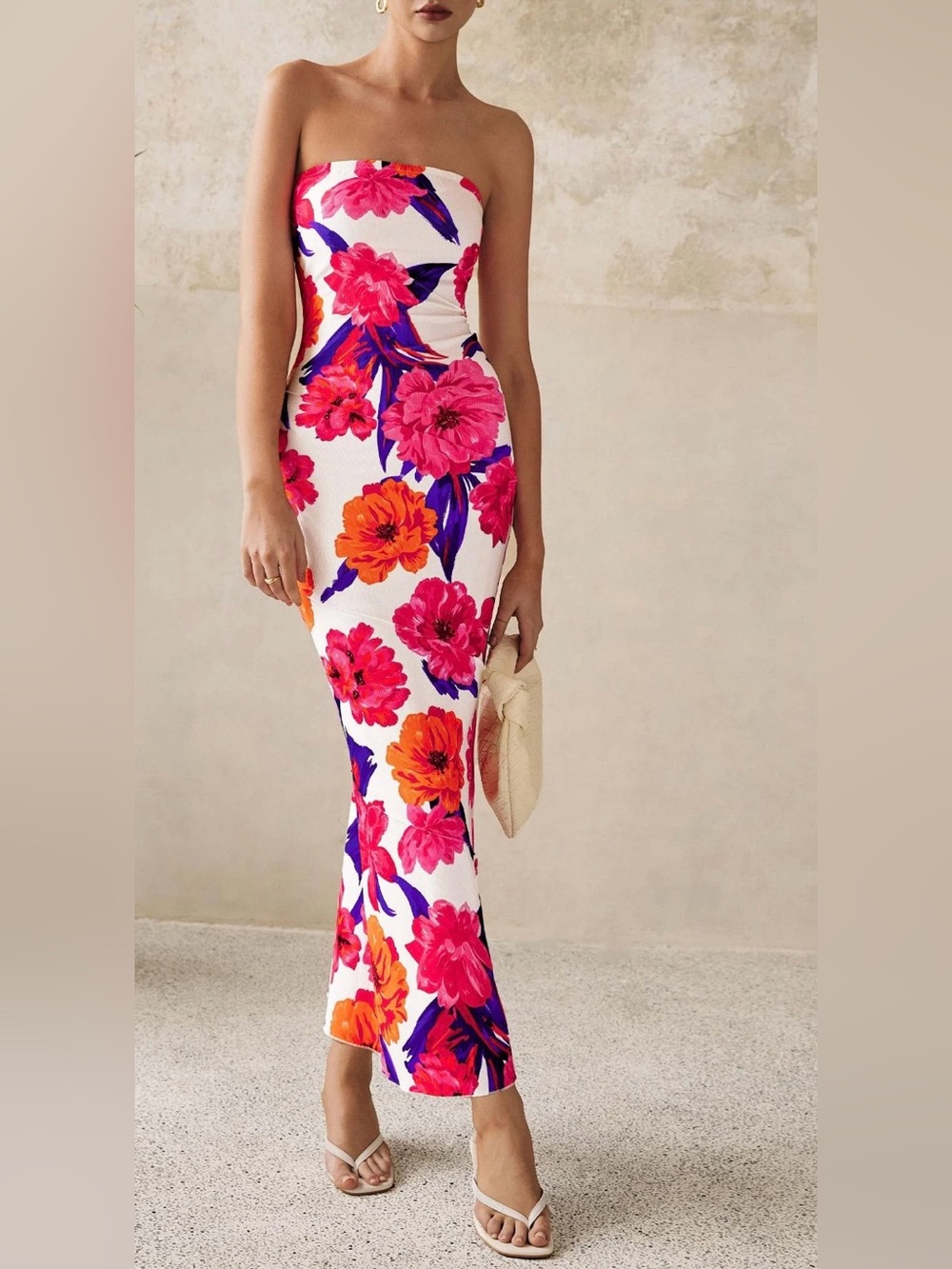 Strapless Floral Maxi Dress in White with Pink & Orange Blooms